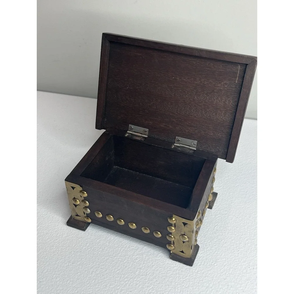 Vtg Handmade Wooden Trinket Box With Hammered‎ Brass Tacks